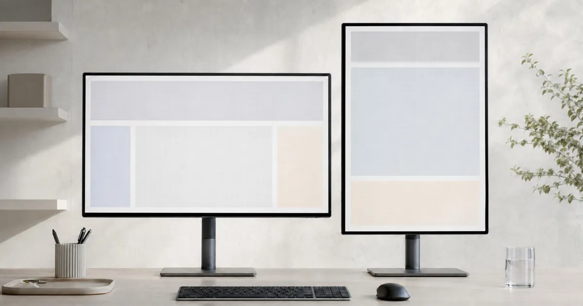 Two generic high-resolution monitors display crisp, text-free geometric layouts on a bright work desk.