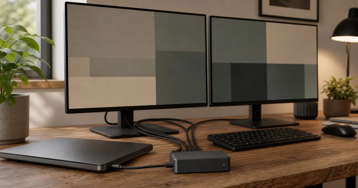 A generic USB-C dock connects a laptop to two monitors in a tidy home office.