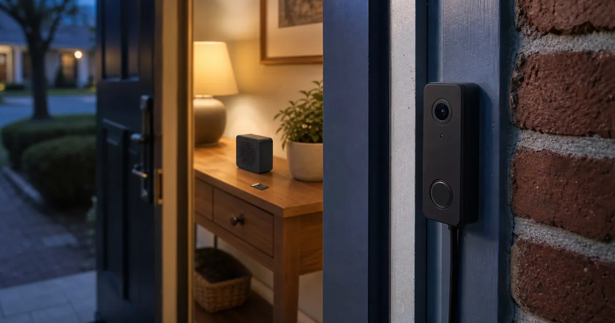 A generic video doorbell is mounted beside a front door with an unbranded indoor chime and memory card nearby.
