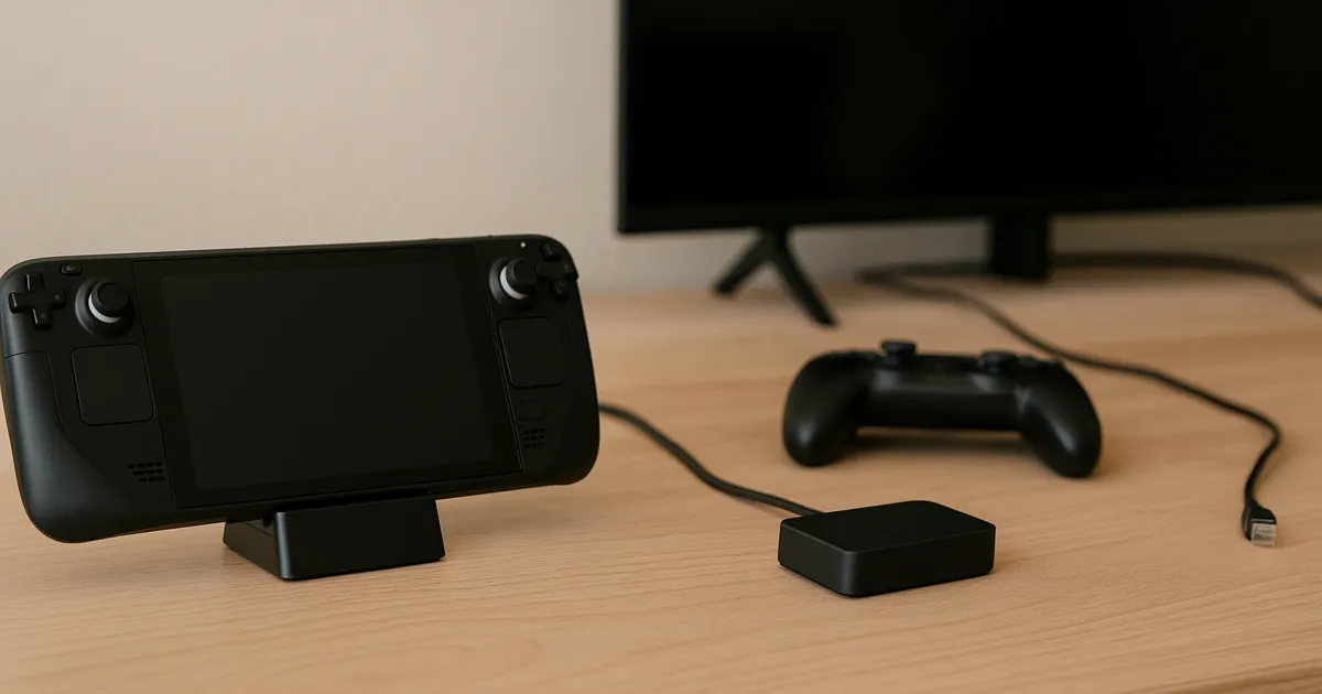 An unbranded handheld gaming device in a compact USB-C hub dock for a Steam Deck setup beside a dark television, controller, Ethernet cable, and power cable.