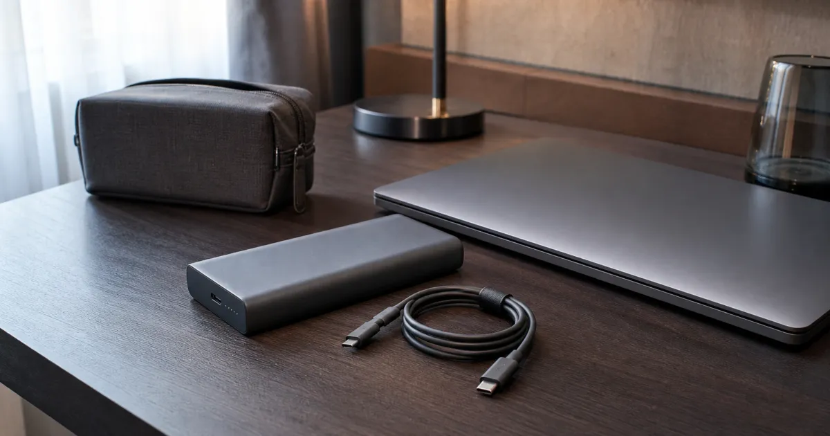 An unbranded USB-C power bank, a coiled USB-C cable, and a closed laptop on a travel desk.