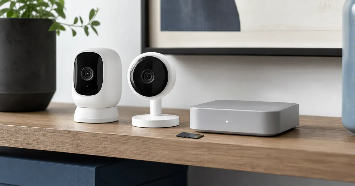 Two unbranded indoor security cameras, a small local storage hub, and a blank memory card on a home shelf.