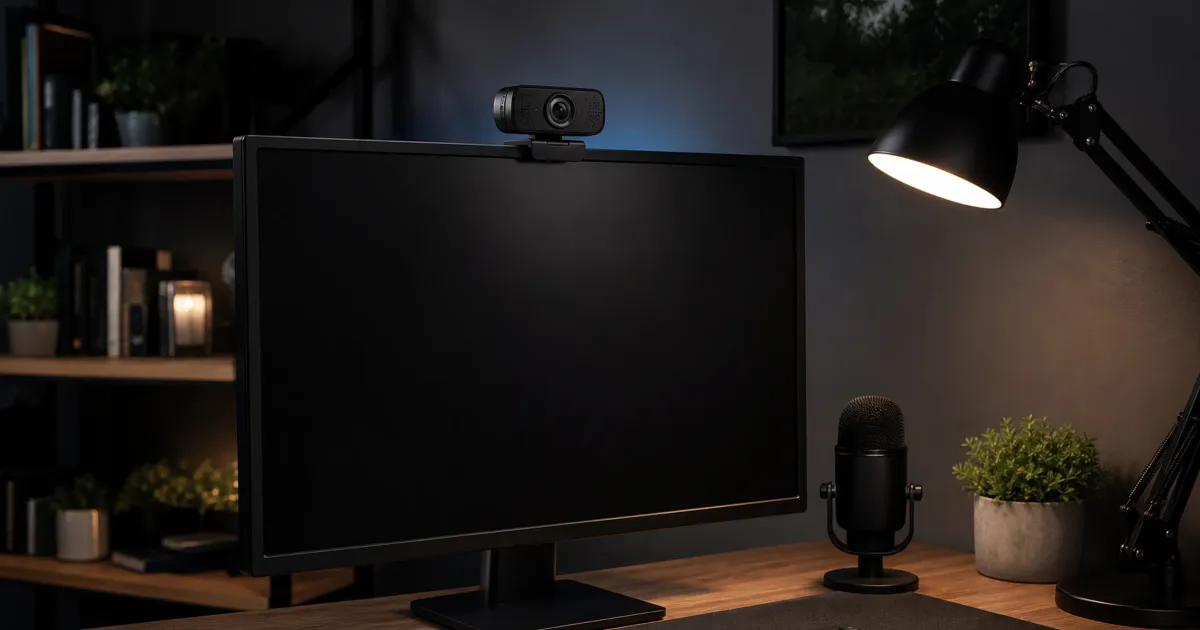 An unbranded webcam mounted above a dark monitor beside a softly lit desk lamp and compact microphone.