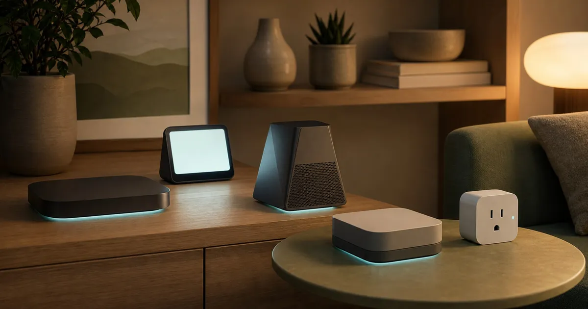 A generic Matter and Thread smart-home setup with hubs, a display, a speaker, and a smart plug arranged on a shelf.