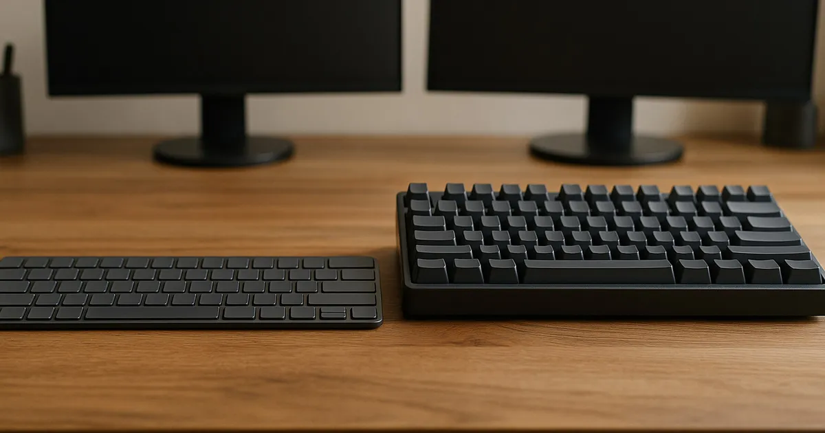 A slim low-profile keyboard and a taller mechanical keyboard share a tidy two-person home-office desk.