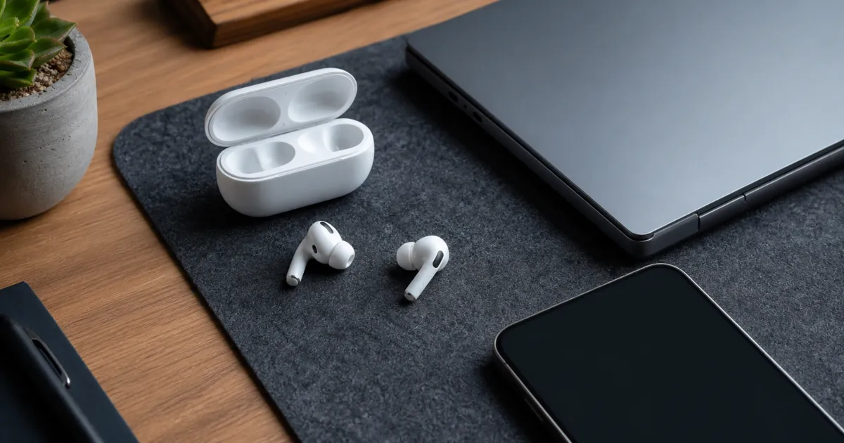 Unbranded wireless earbuds beside a closed charging case, a laptop, and a phone with both screens dark.