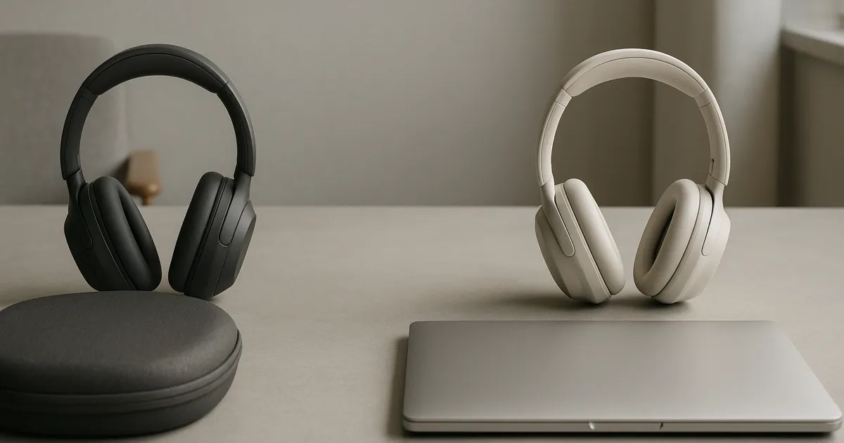 Unbranded charcoal and light-silver headphones represent the Sony WH-1000XM6 and Bose QuietComfort Ultra 2nd Gen comparison beside a travel case and laptop.
