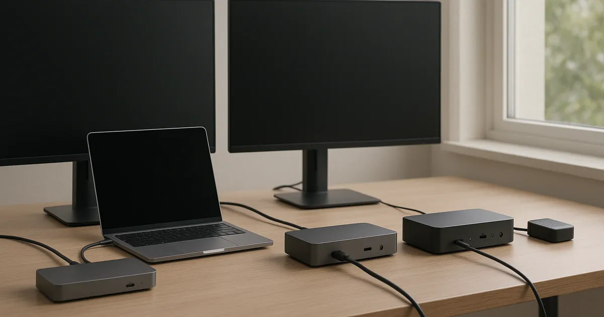 Unbranded Thunderbolt dock-shaped devices beside a laptop, dual dark monitors, external storage, and tidy cables on a neutral desk.