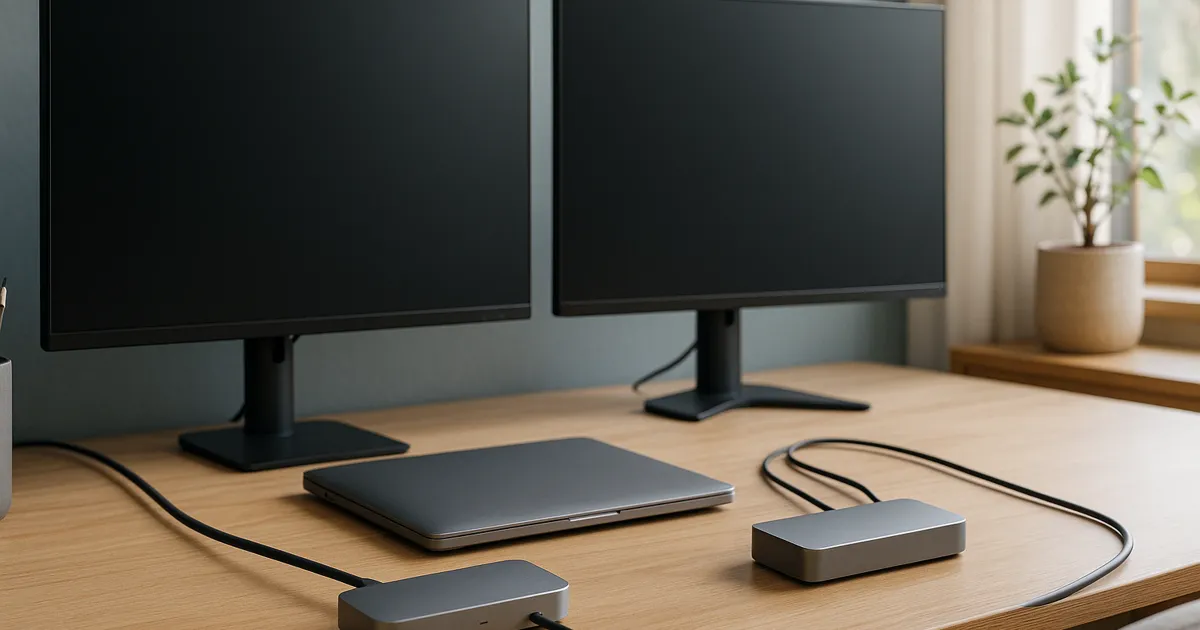 Two unbranded Thunderbolt and USB-C dock-style devices sit beside a closed laptop and dual dark monitors on a tidy desk.