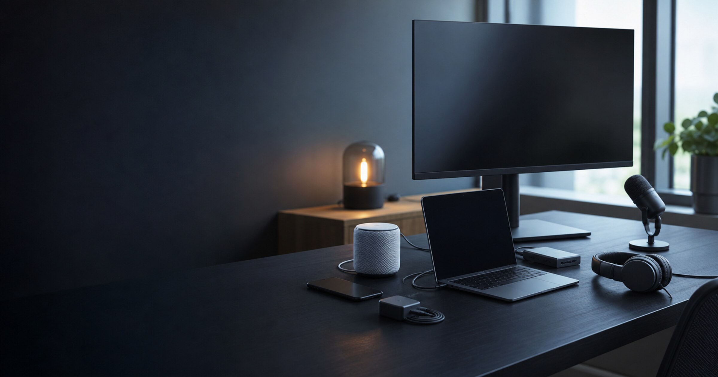 A monitor, laptop, dock, headphones, network node, phone, charger, and microphone arranged in a home workspace.